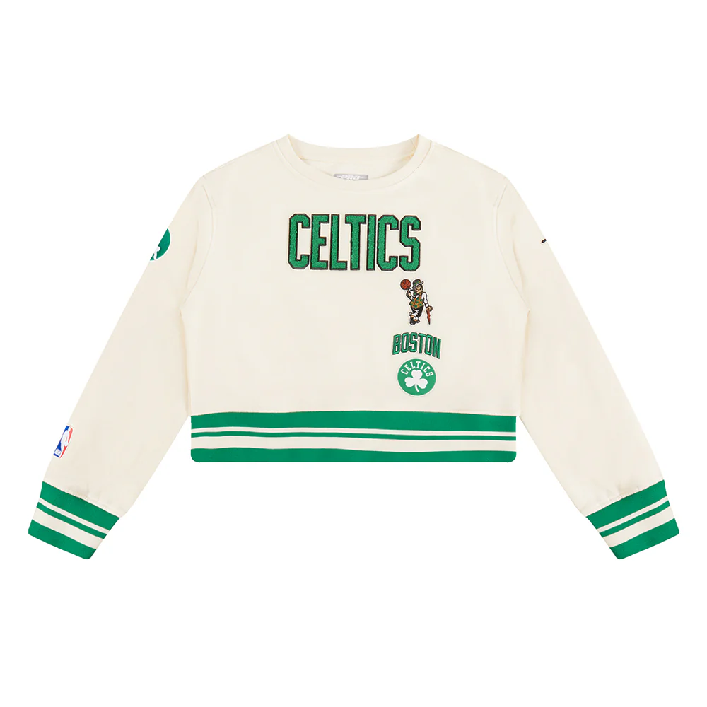 NBA BOSTON CELTICS RETRO CLASSIC BIG GIRLS RIB FLEECE CREWNECK (EGGSHELL/ KELLY GREEN)