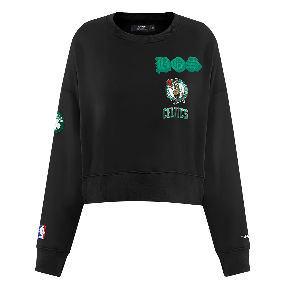 NBA BOSTON CELTICS OLD ENGLISH WOMEN'S FLC CREWNECK (BLACK) - Image 3