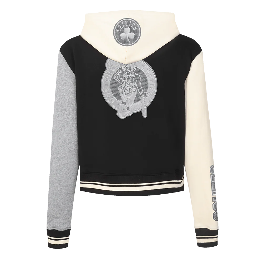 NBA BOSTON CELTICS REVERSE FRENCH TERRY WOMEN'S COLOR BLOCK FLEECE FULL ZIP HOOD (BLACK/GRAY/EGGSHELL) - Image 3