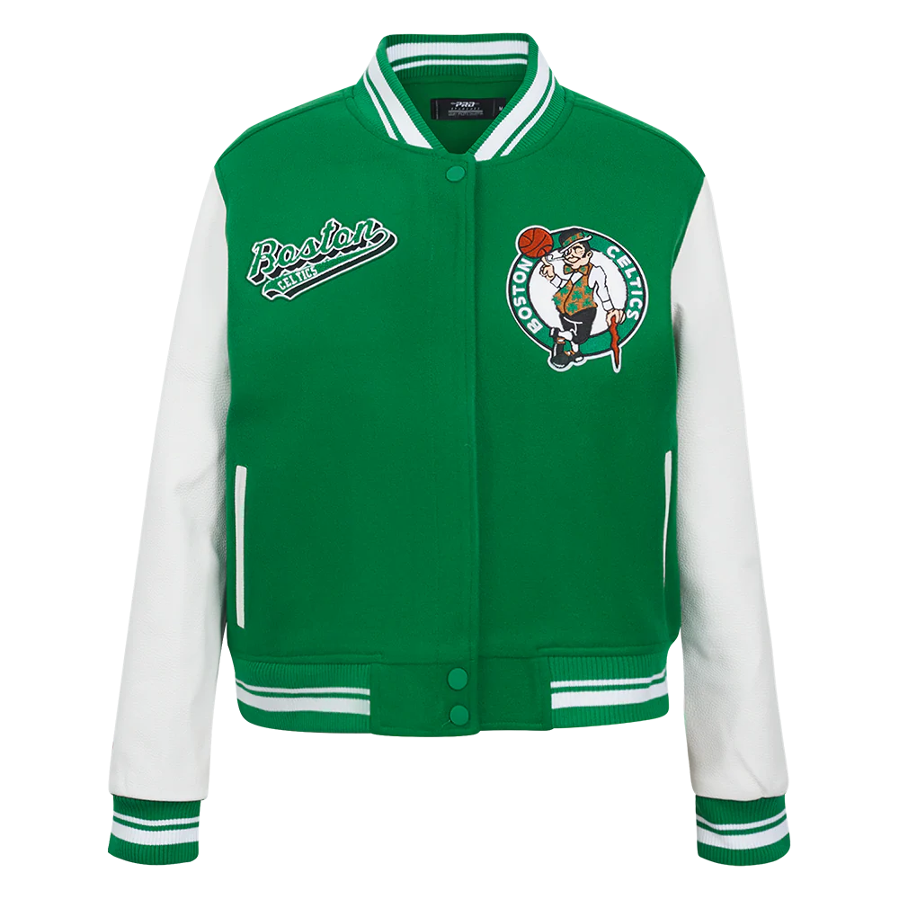 NBA BOSTON CELTICS SCRIPT TAIL WOMEN'S WOOL VARSITY JACKET (KELLY GREEN/ WHITE)