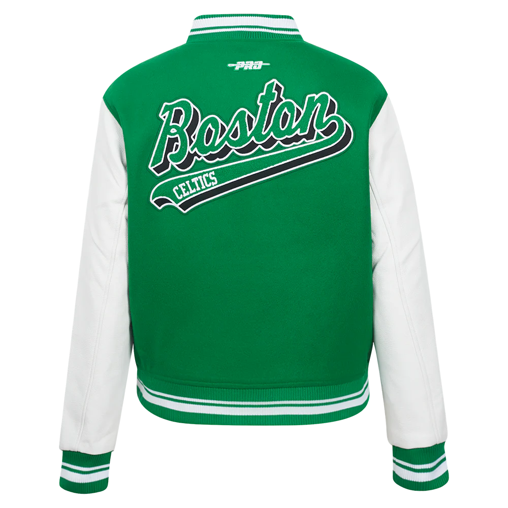 NBA BOSTON CELTICS SCRIPT TAIL WOMEN'S WOOL VARSITY JACKET (KELLY GREEN/ WHITE) - Image 3