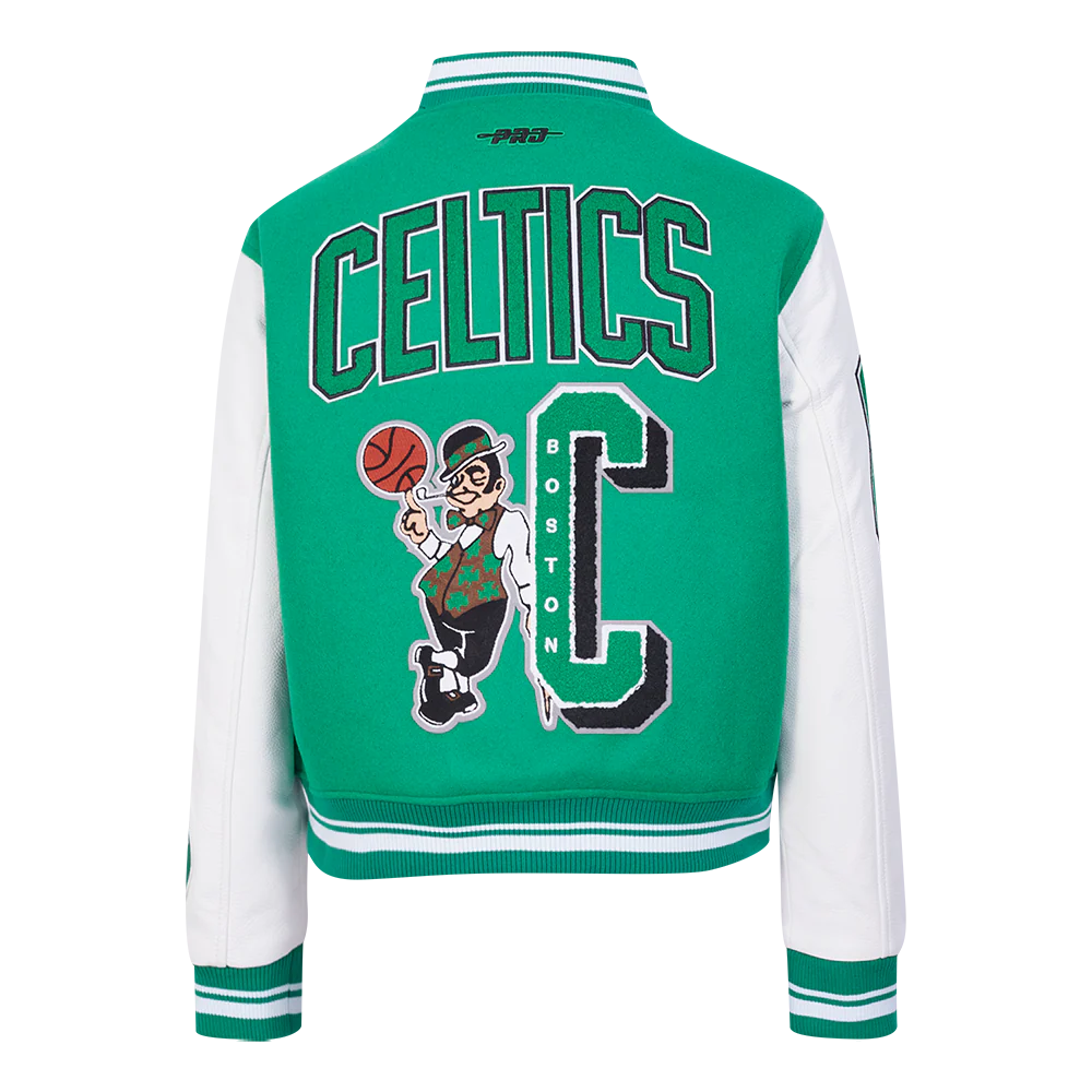 NBA BOSTON CELTICS MASHUP WOMEN'S RIB WOOL VARSITY JACKET (KELLY GREEN/ WHITE) - Image 3