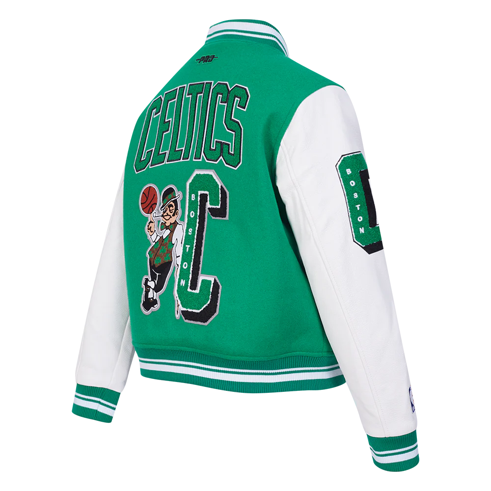 NBA BOSTON CELTICS MASHUP WOMEN'S RIB WOOL VARSITY JACKET (KELLY GREEN/ WHITE) - Image 4