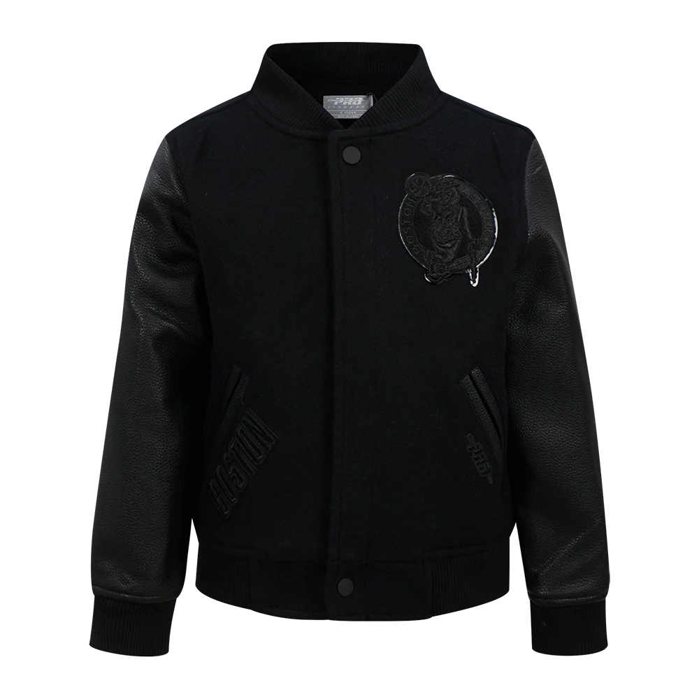 NBA BOSTON CELTICS TRIPLE BLACK LITTLE BOYS WOOL VARSITY JACKET (JET BLACK)