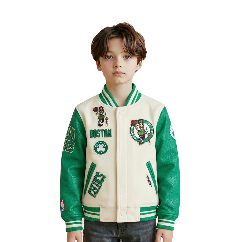 NBA BOSTON CELTICS RETRO CLASSIC LITTLE BOYS RIB WOOL VARSITY JACKET (EGGSHELL/ KELLY GREEN)