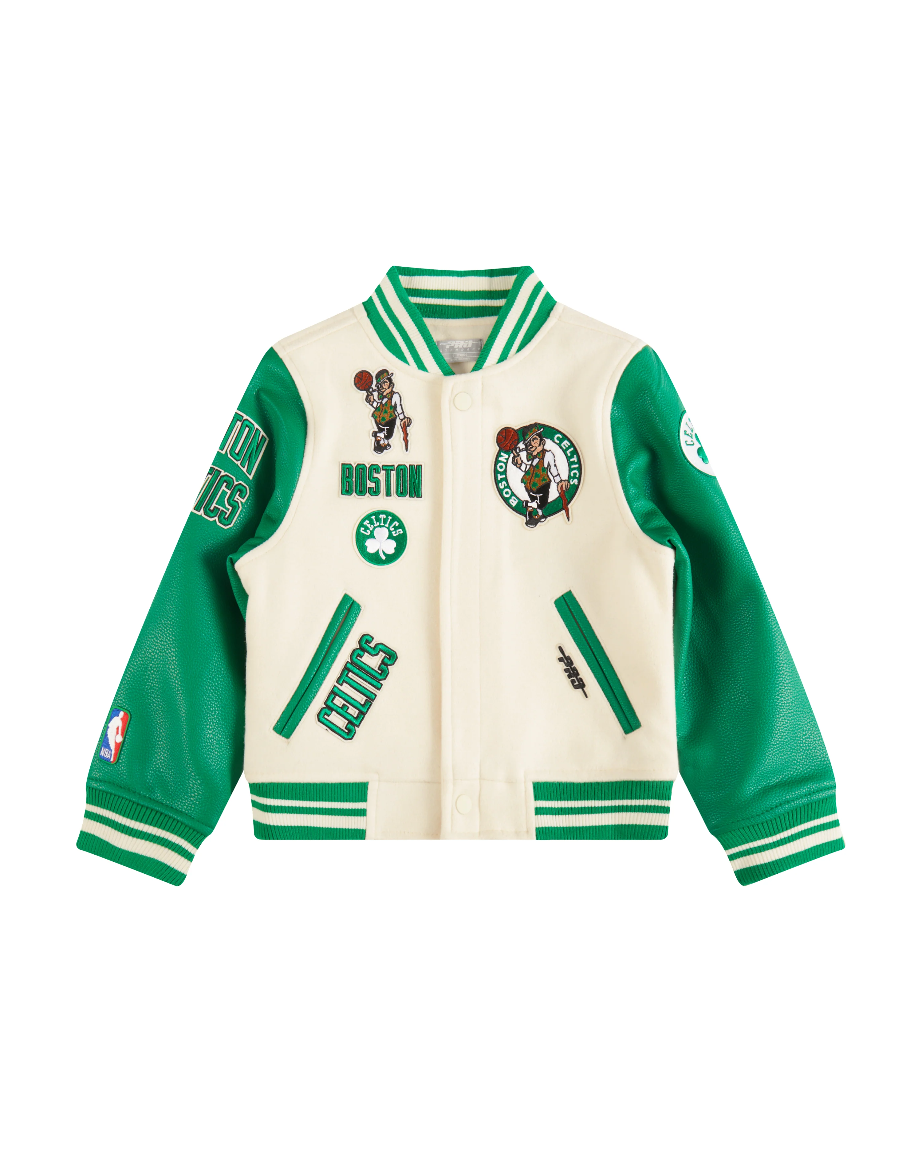 NBA BOSTON CELTICS RETRO CLASSIC LITTLE BOYS RIB WOOL VARSITY JACKET (EGGSHELL/ KELLY GREEN) - Image 3
