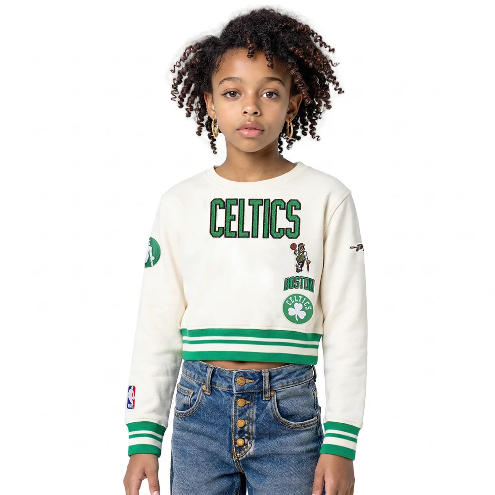 NBA BOSTON CELTICS RETRO CLASSIC LITTLE GIRLS RIB FLEECE CREWNECK (EGGSHELL/ KELLY GREEN)