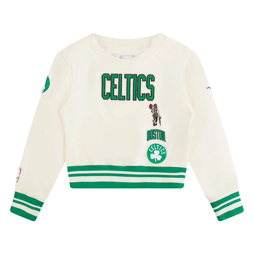 NBA BOSTON CELTICS RETRO CLASSIC LITTLE GIRLS RIB FLEECE CREWNECK (EGGSHELL/ KELLY GREEN) - Image 3