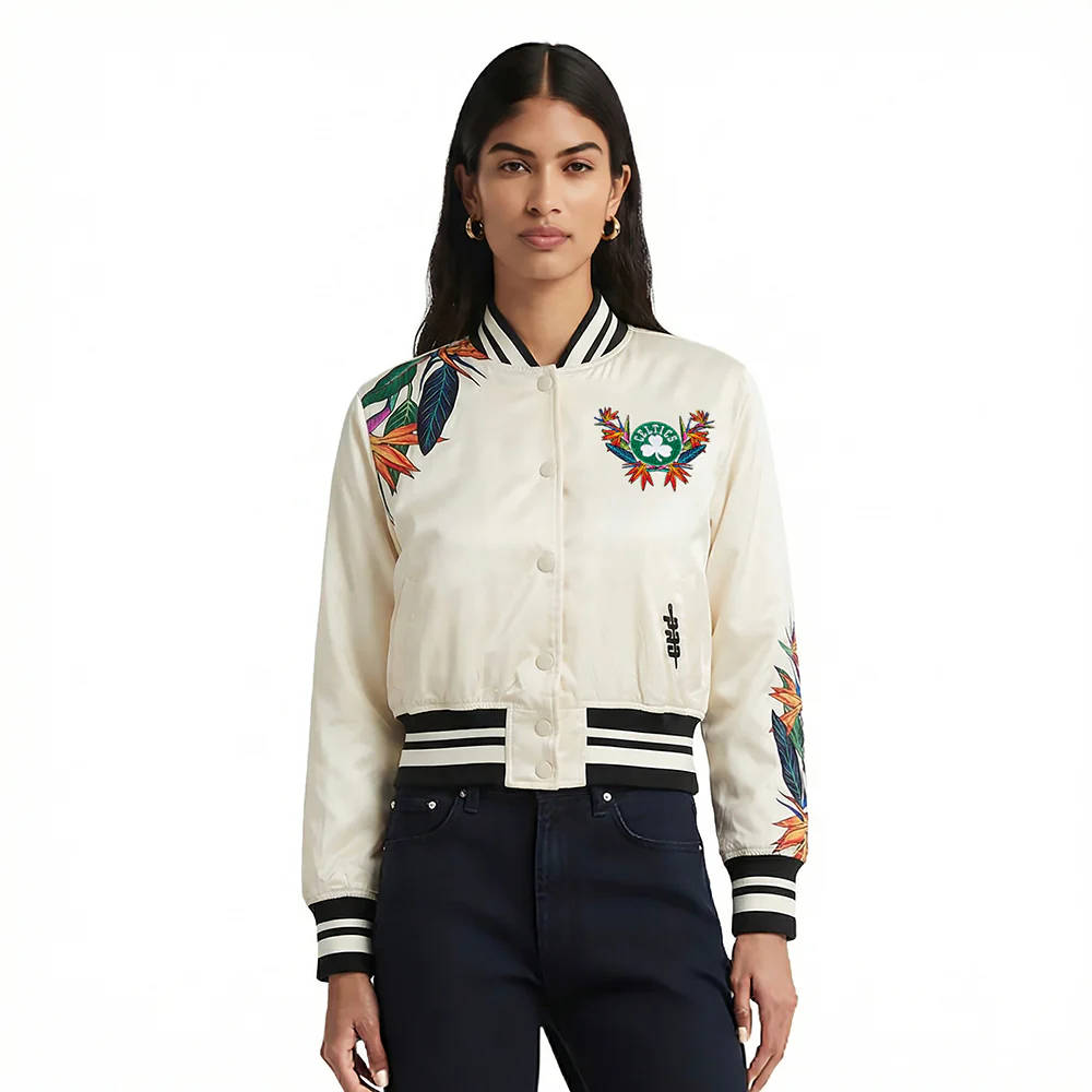 NBA BOSTON CELTICS PARADISE WOMEN'S SATIN JACKET (EGGSHELL/ BLACK)