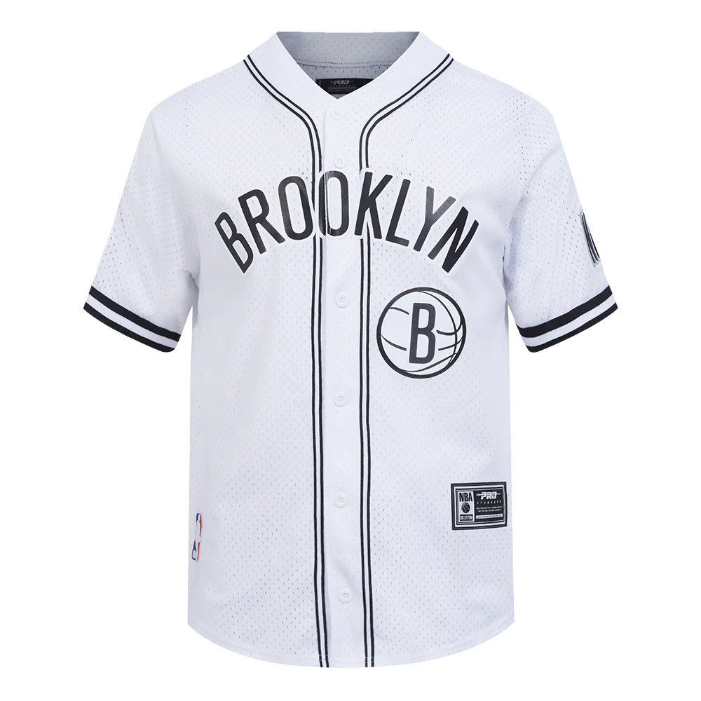 NBA BROOKLYN NETS CLASSIC MEN'S MESH BUTTON DOWN SHIRT (WHITE/BLACK/WHITE)