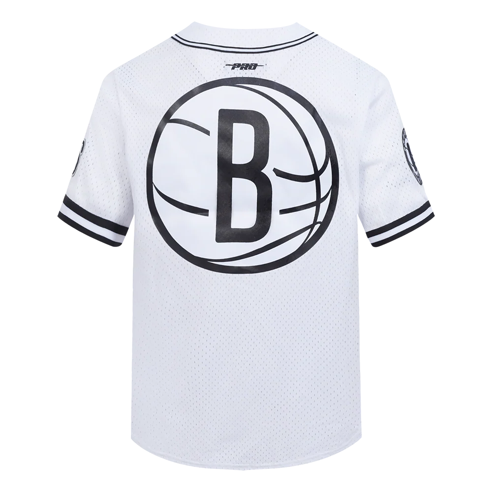 NBA BROOKLYN NETS CLASSIC MEN'S MESH BUTTON DOWN SHIRT (WHITE/BLACK/WHITE) - Image 3