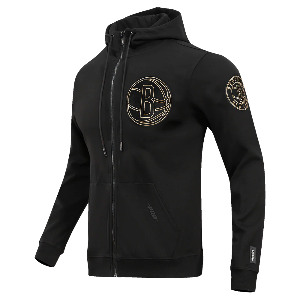 NBA BROOKLYN NETS BLACK & GOLD DOUBLE KNIT MEN'S FULL ZIP PULLOVER HOODIE (BLACK) - Image 2