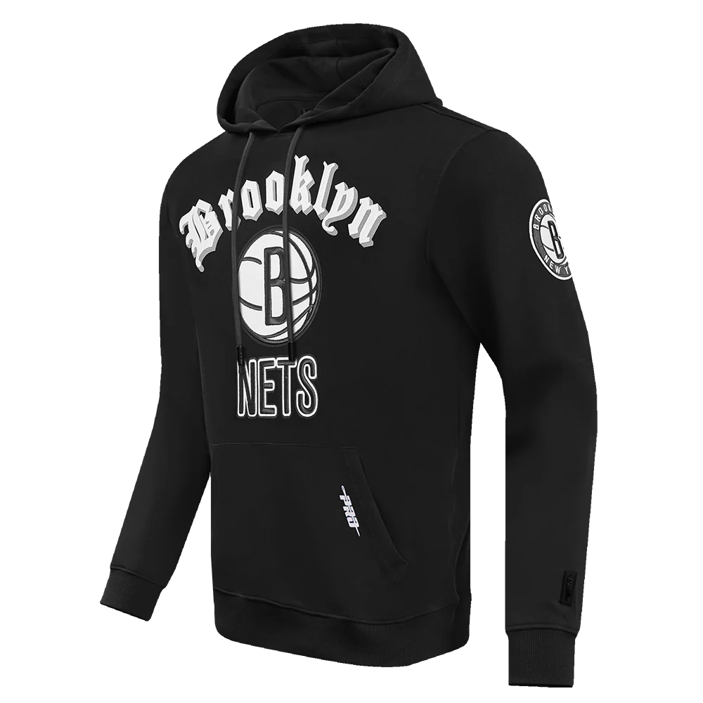 NBA BROOKLYN NETS OLD ENGLISH MEN'S PULLOVER HOODIE (BLACK) - Image 4