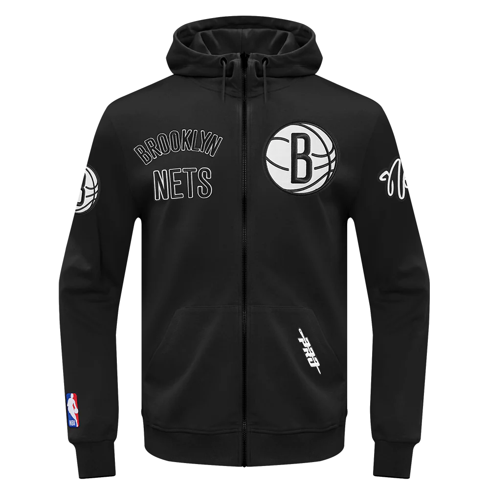 NBA BROOKLYN NETS CLASSIC WIND SUIT MEN'S WOVEN FULL ZIP PULLOVER HOODIE (BLACK)