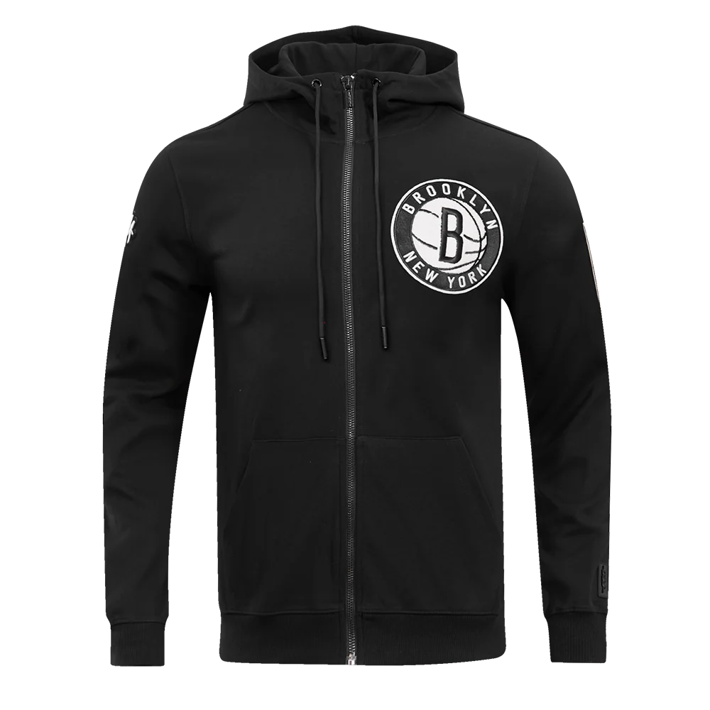 NBA BROOKLYN NETS CLASSIC CHENILLE MEN'S FULL ZIP PULLOVER HOODIE (BLACK)