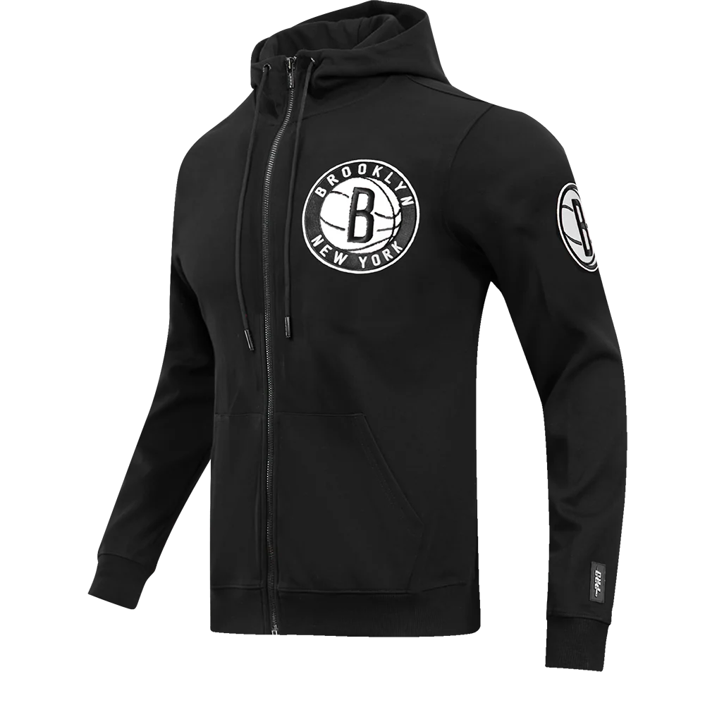 NBA BROOKLYN NETS CLASSIC CHENILLE MEN'S FULL ZIP PULLOVER HOODIE (BLACK) - Image 2