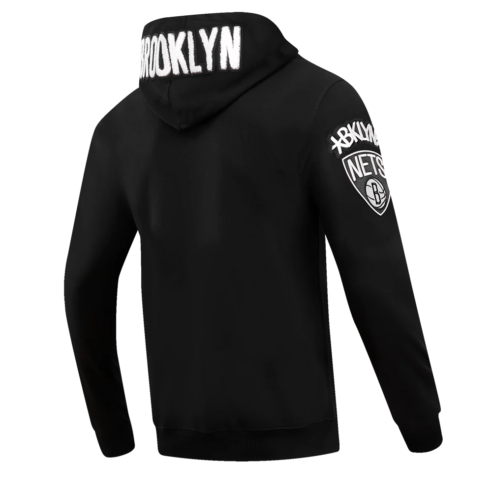 NBA BROOKLYN NETS CLASSIC CHENILLE MEN'S FULL ZIP PULLOVER HOODIE (BLACK) - Image 3