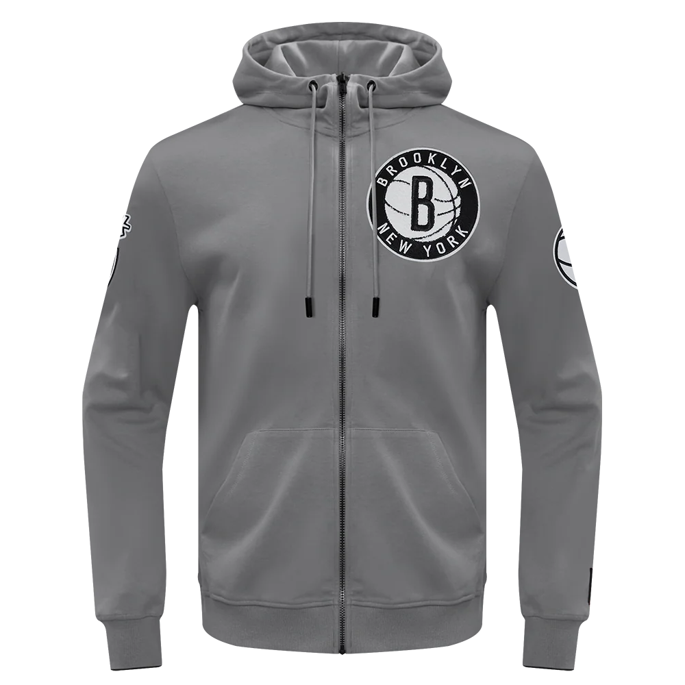 NBA BROOKLYN NETS CLASSIC CHENILLE MEN'S FULL ZIP PULLOVER HOODIE (GRAY)