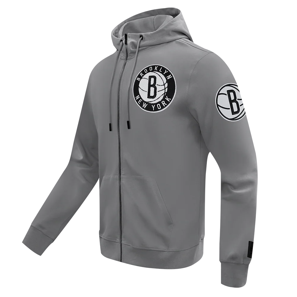 NBA BROOKLYN NETS CLASSIC CHENILLE MEN'S FULL ZIP PULLOVER HOODIE (GRAY) - Image 2
