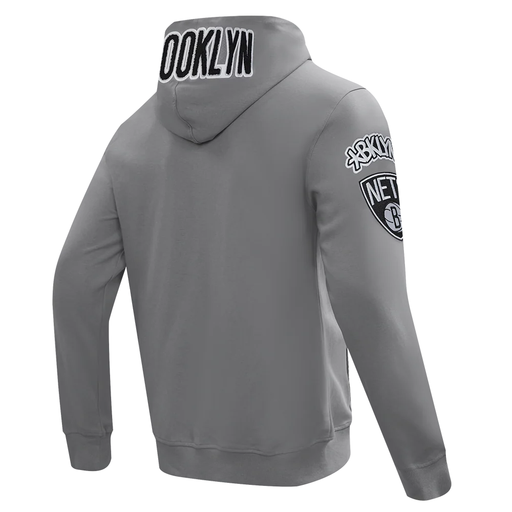 NBA BROOKLYN NETS CLASSIC CHENILLE MEN'S FULL ZIP PULLOVER HOODIE (GRAY) - Image 4