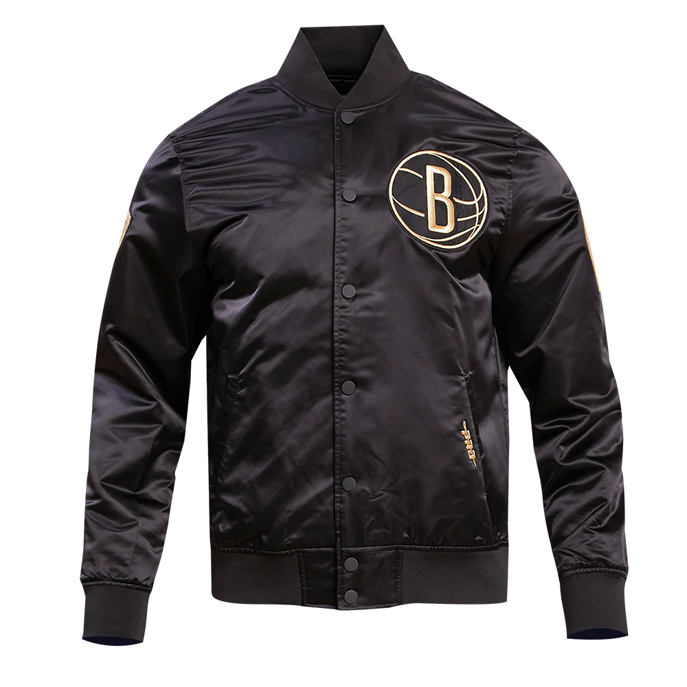 NBA BROOKLYN NETS GOLD LOGO SATIN JACKET (BLACK)
