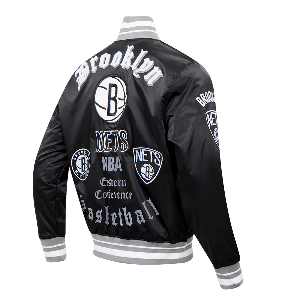 NBA BROOKLYN NETS OLD ENGLISH MEN'S RIB SATIN JACKET (BLACK/GRAY) - Image 3