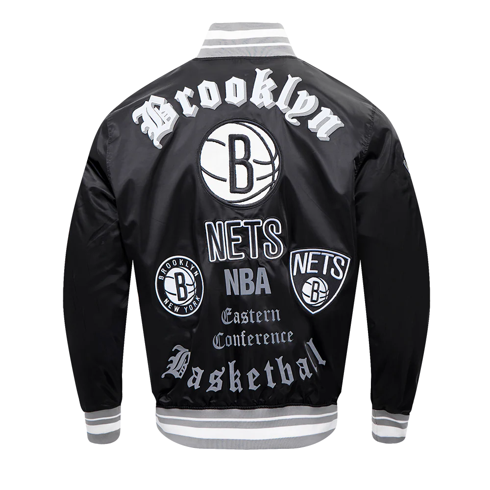 NBA BROOKLYN NETS OLD ENGLISH MEN'S RIB SATIN JACKET (BLACK/GRAY) - Image 4