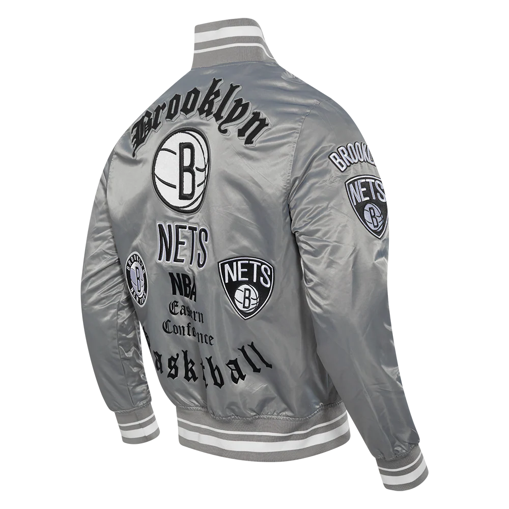 NBA BROOKLYN NETS OLD ENGLISH MEN'S RIB SATIN JACKET (GRAY) - Image 6