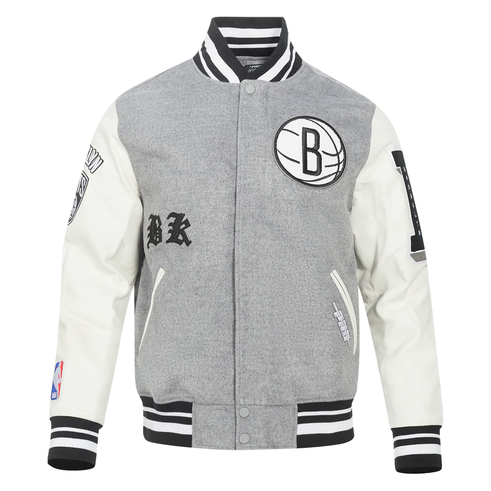 NBA BROOKLYN NETS OLD ENGLISH MEN'S RIB WOOL VARSITY JACKET (HEATHER GREY/WHITE/BLACK)