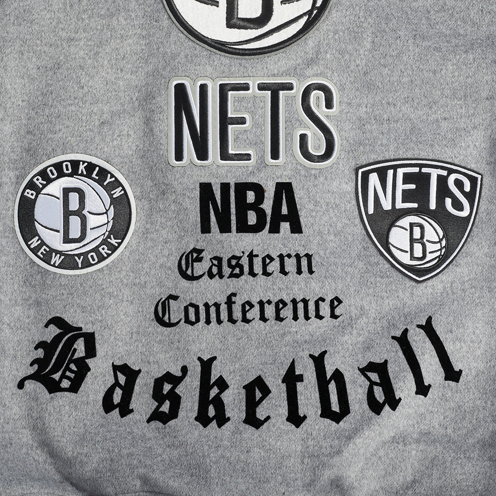 NBA BROOKLYN NETS OLD ENGLISH MEN'S RIB WOOL VARSITY JACKET (HEATHER GREY/WHITE/BLACK) - Image 10