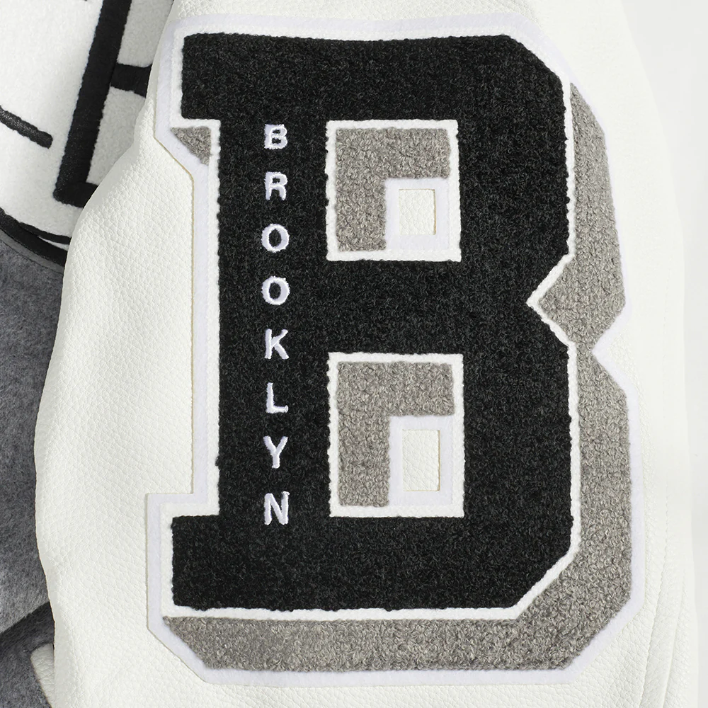 NBA BROOKLYN NETS OLD ENGLISH MEN'S RIB WOOL VARSITY JACKET (HEATHER GREY/WHITE/BLACK) - Image 8