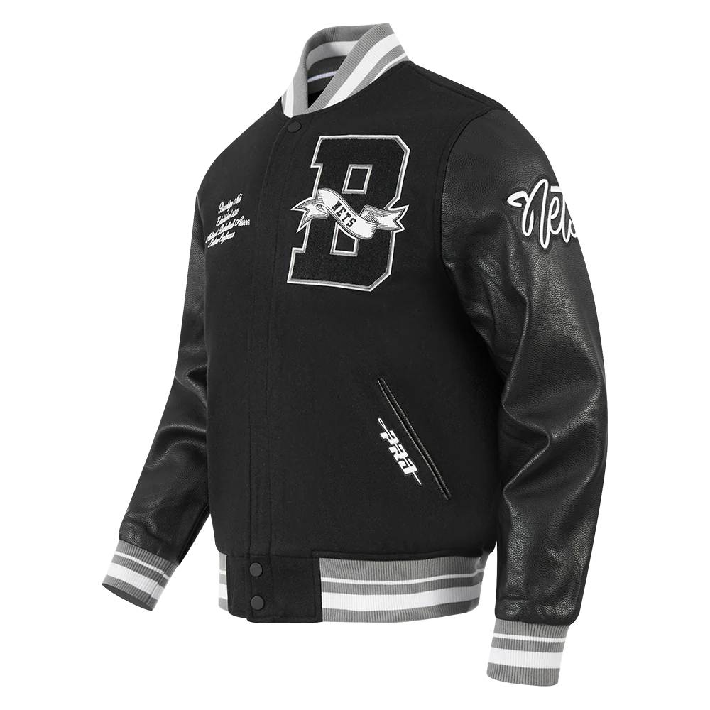 NBA BROOKLYN NETS TEAM PENNANTS MEN'S RIB WOOL VARSITY JACKET (BLACK/GRAY) - Image 2