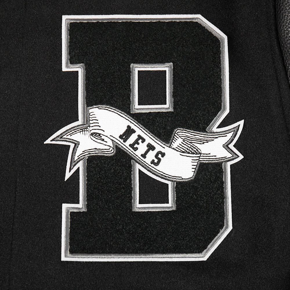 NBA BROOKLYN NETS TEAM PENNANTS MEN'S RIB WOOL VARSITY JACKET (BLACK/GRAY) - Image 6