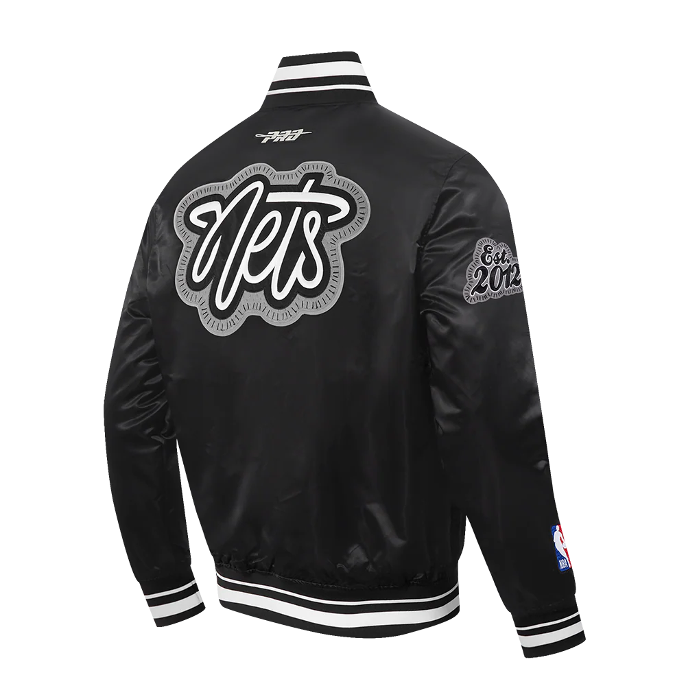 NBA BROOKLYN NETS DIY PICK STITCH MEN'S RIB SATIN JACKET (BLACK) - Image 4