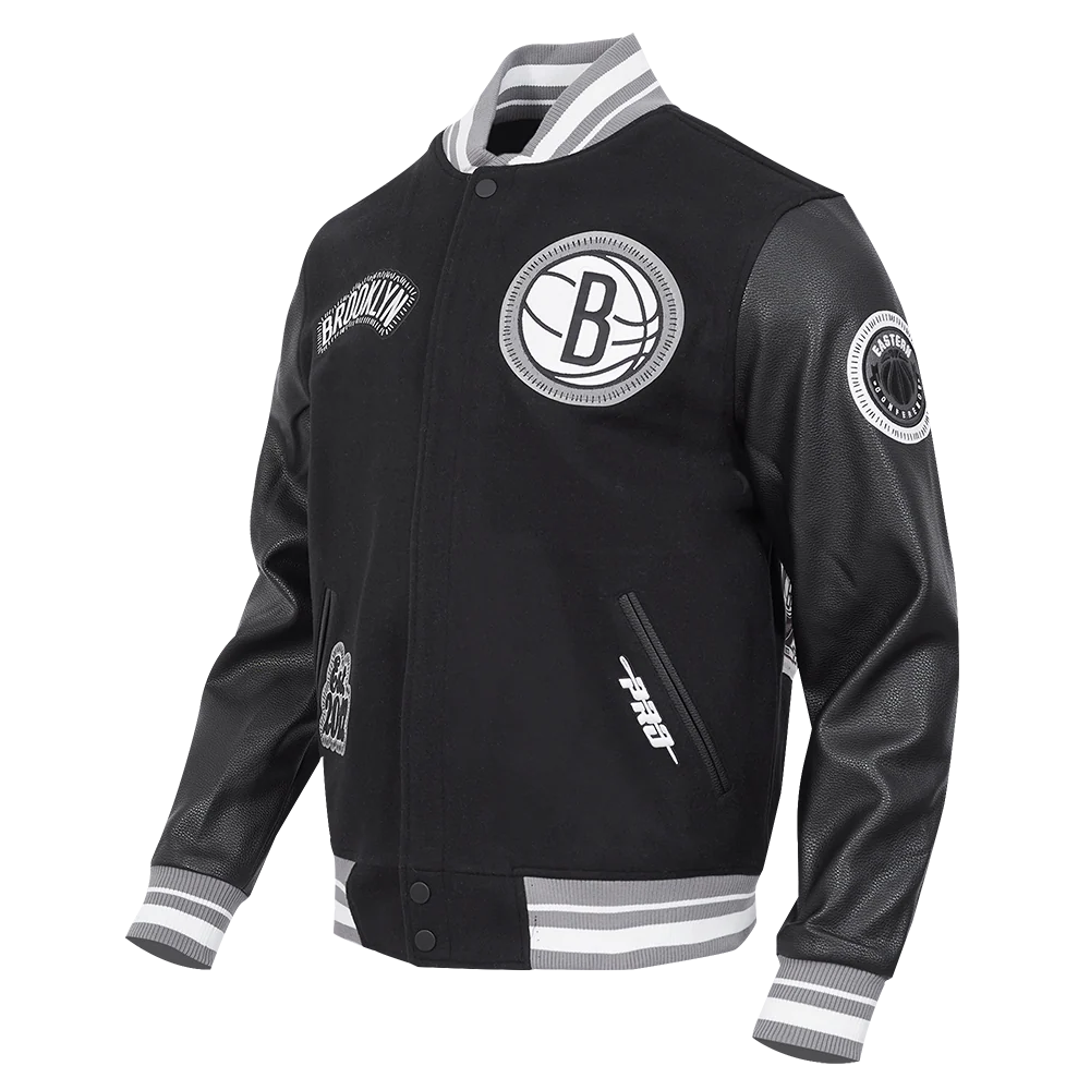 NBA BROOKLYN NETS DIY PICK STITCH MEN'S RIB WOOL VARSITY JACKET (BLACK/GRAY) - Image 2