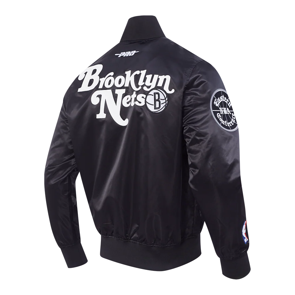 NBA BROOKLYN NETS SOUVENIR MEN'S SATIN JACKET (BLACK) - Image 4