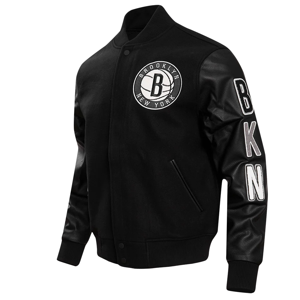 NBA BROOKLYN NETS CLASSIC WOOL MEN'S VARSITY JACKET (BLACK) - Image 2