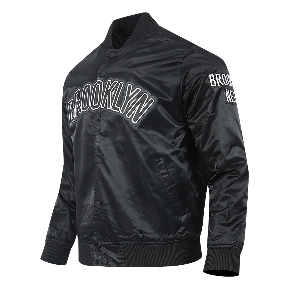 NBA BROOKLYN NETS BIG LOGO MEN'S SATIN JACKET (BLACK) - Image 2