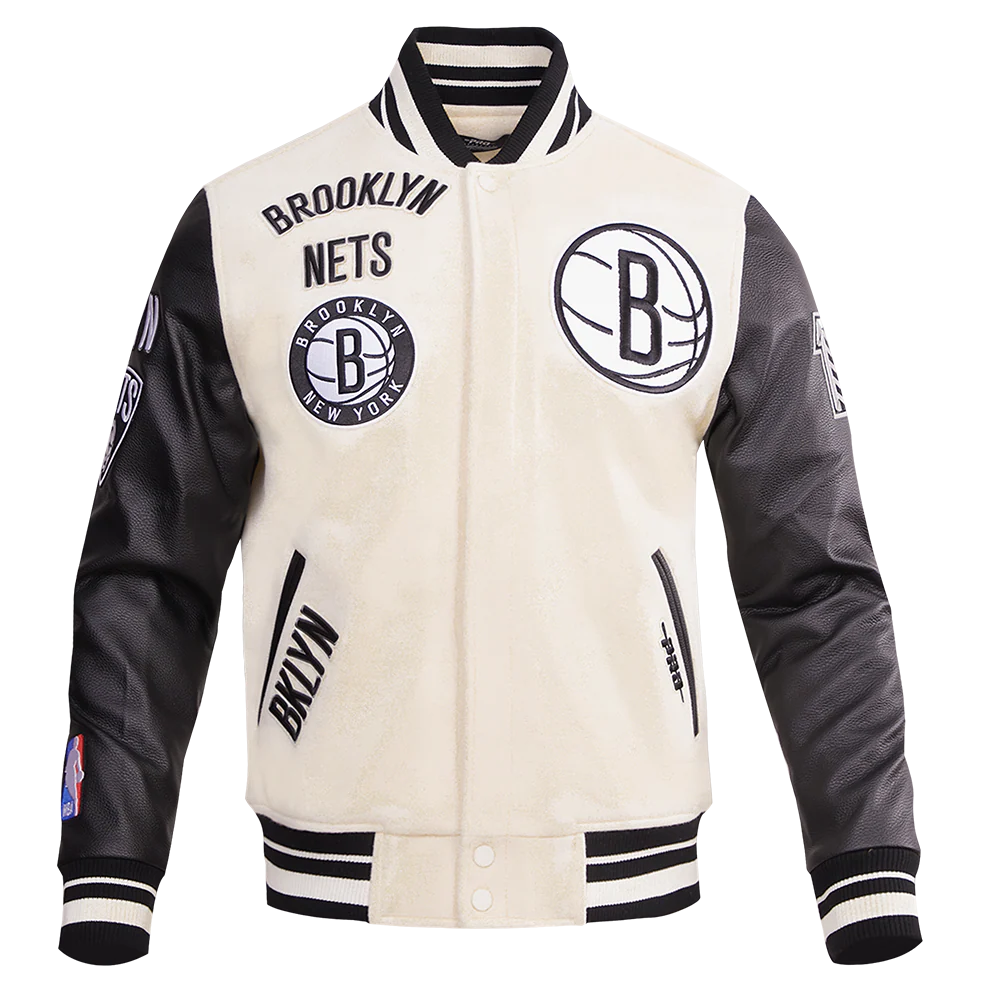 NBA BROOKLYN NETS RETRO CLASSIC MEN'S RIB WOOL VARSITY JACKET (EGGSHELL/ BLACK)