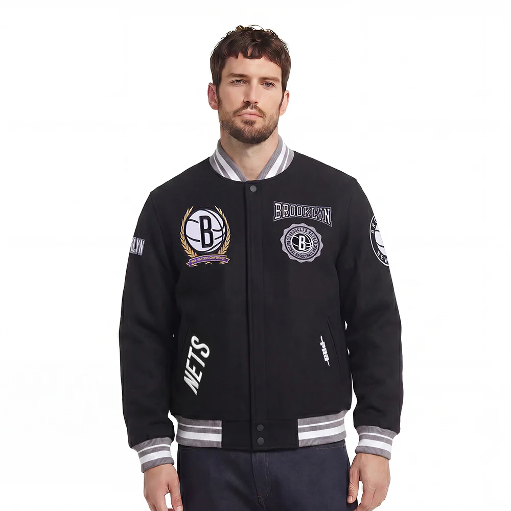 NBA BROOKLYN NETS CREST EMBLEM RIB WOOL VARSITY JACKET (BLACK/GRAY)