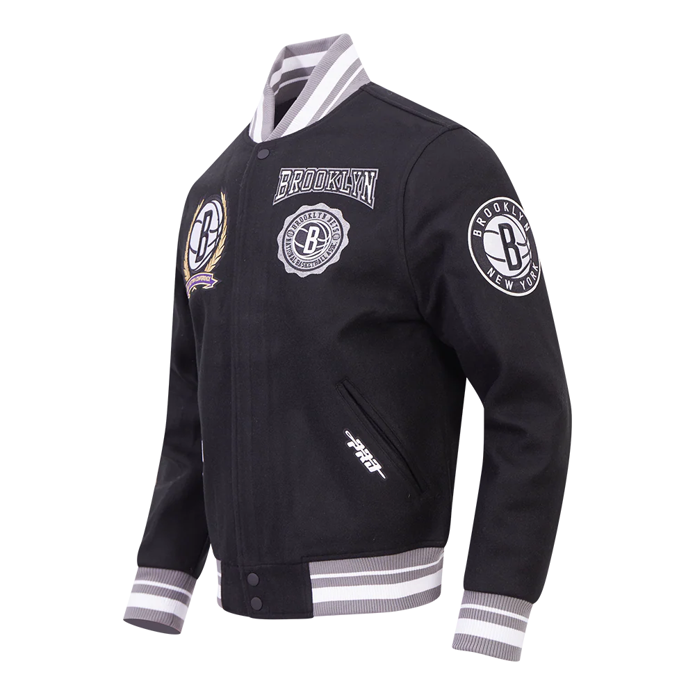 NBA BROOKLYN NETS CREST EMBLEM RIB WOOL VARSITY JACKET (BLACK/GRAY) - Image 3