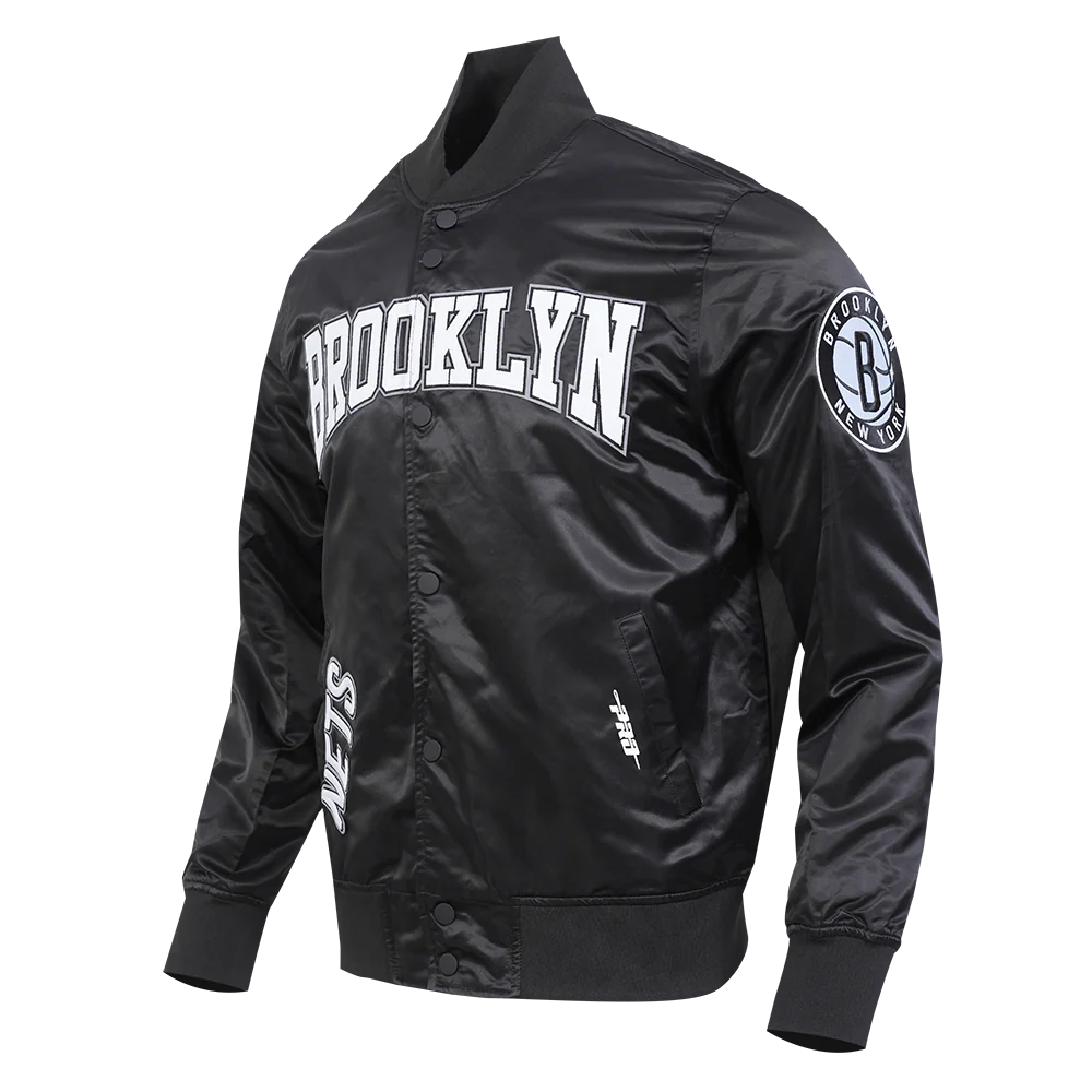 NBA BROOKLYN NETS CREST EMBLEM MEN'S SATIN JACKET (BLACK) - Image 2