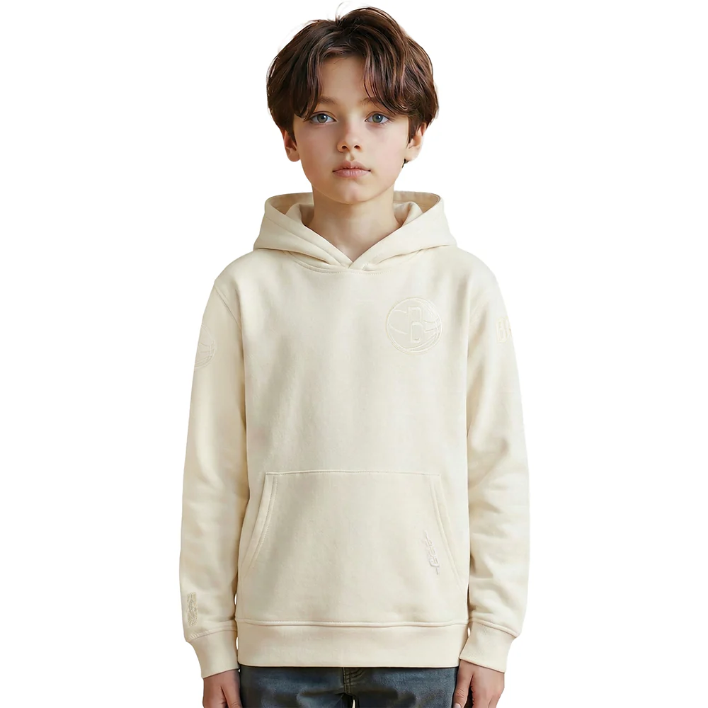 NBA BROOKLYN NETS NEUTRAL BIG BOYS FLEECE PULLOVER HOODIE (EGGSHELL)