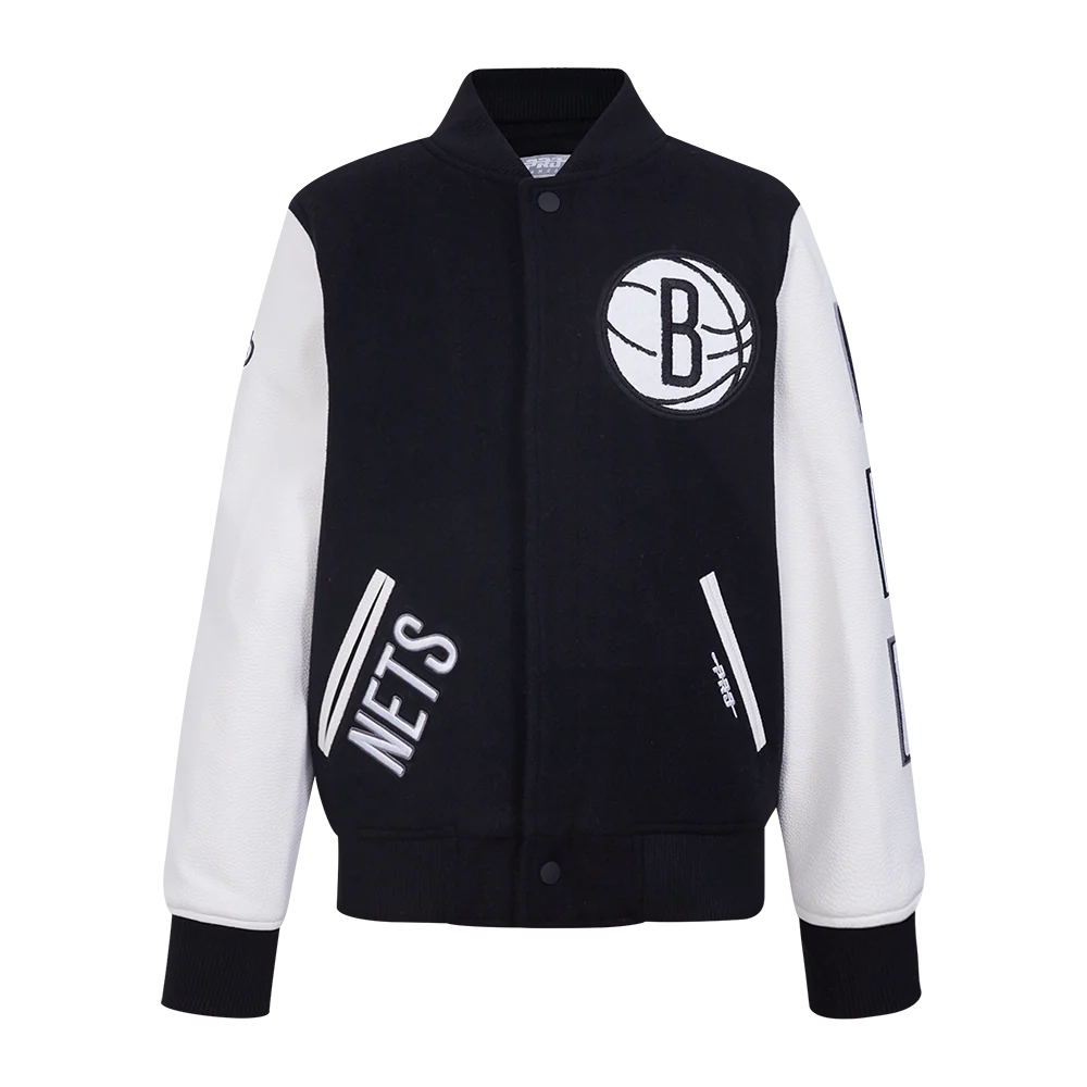 NBA BROOKLYN NETS CLASSIC BIG BOYS WOOL VARSITY JACKET (BLACK/WHITE)