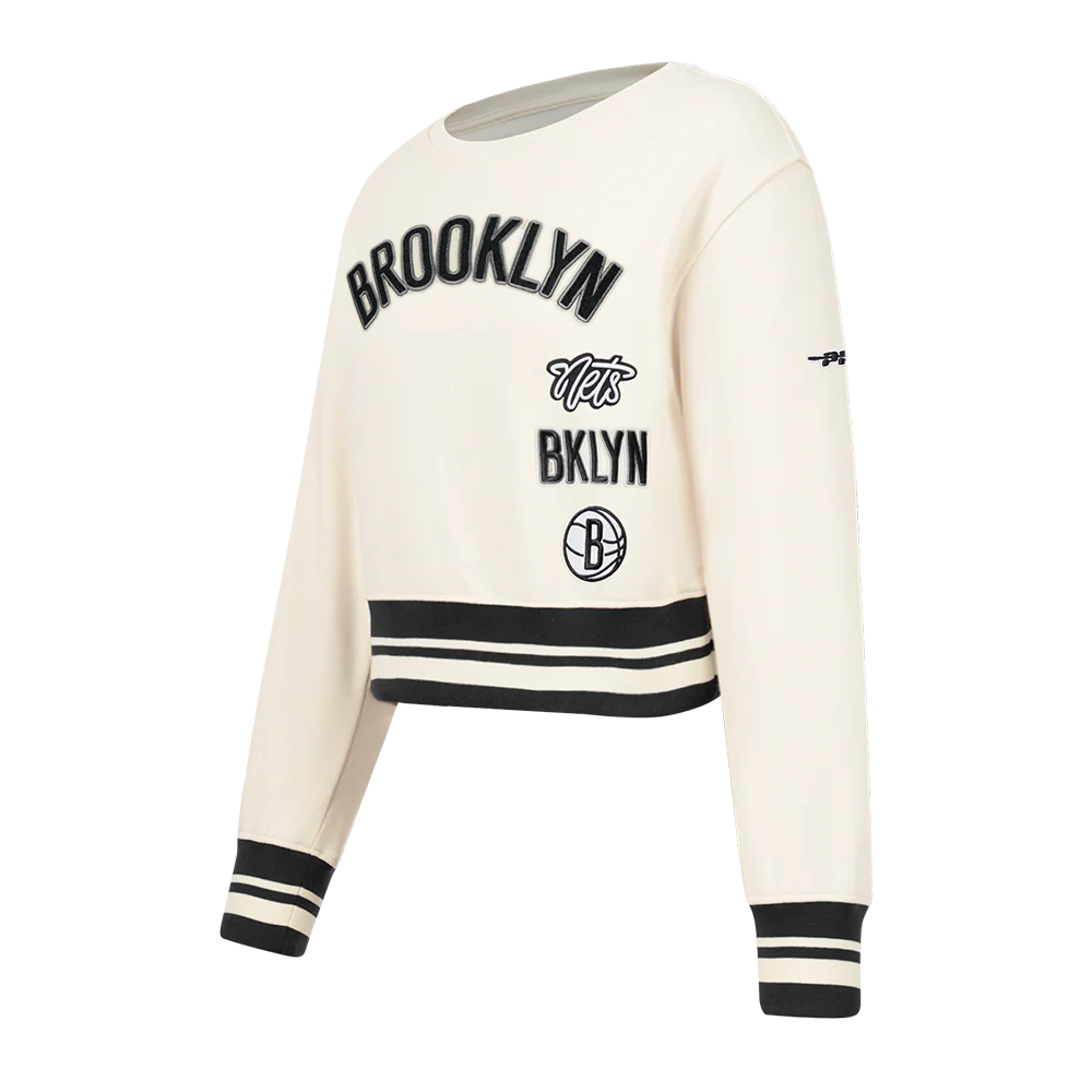 NBA BROOKLYN NETS RETRO CLASSIC BIG GIRLS  RIB FLEECE CREWNECK (EGGSHELL/ BLACK) - Image 2