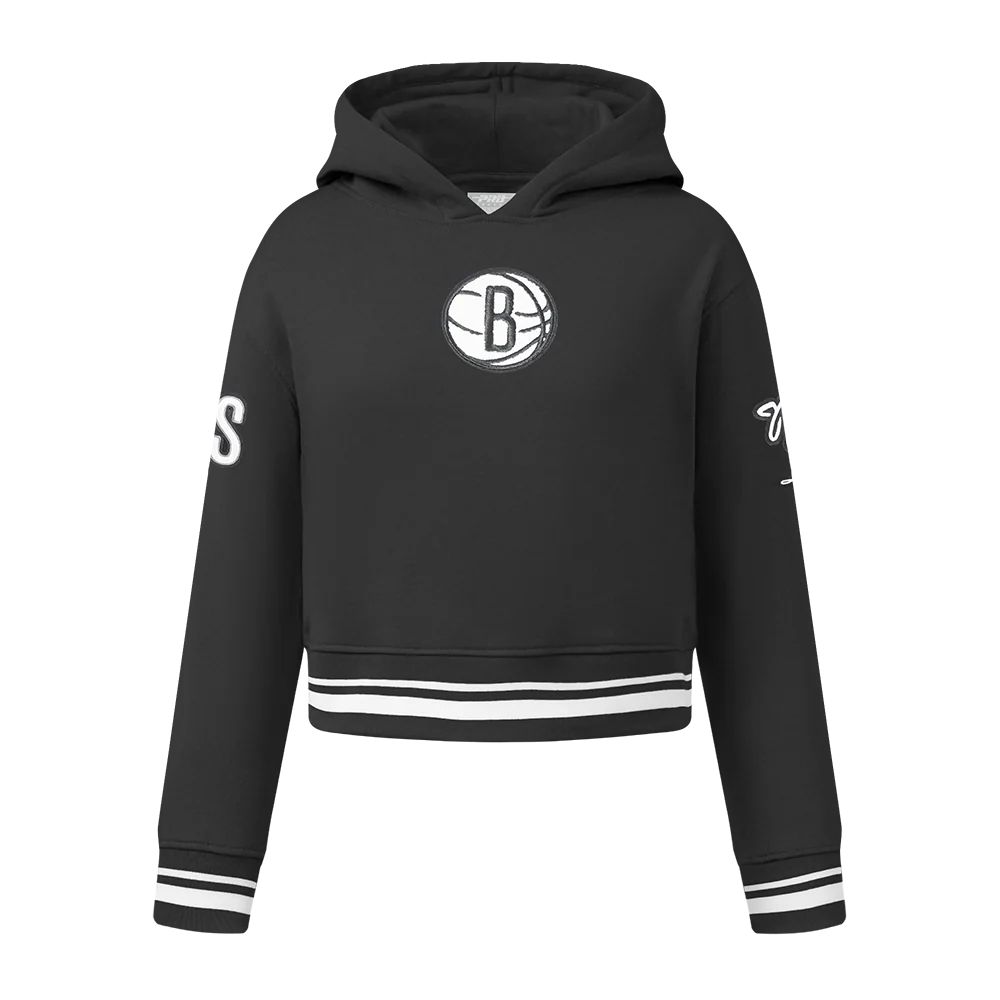 NBA BROOKLYN NETS RETRO CLASSIC BIG GIRLS RIB FLEECE PULLOVER HOODIE (BLACK)