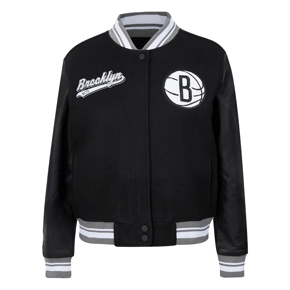 NBA BROOKLYN NETS SCRIPT TAIL WOMEN'S WOOL VARSITY JACKET (BLACK/GRAY)