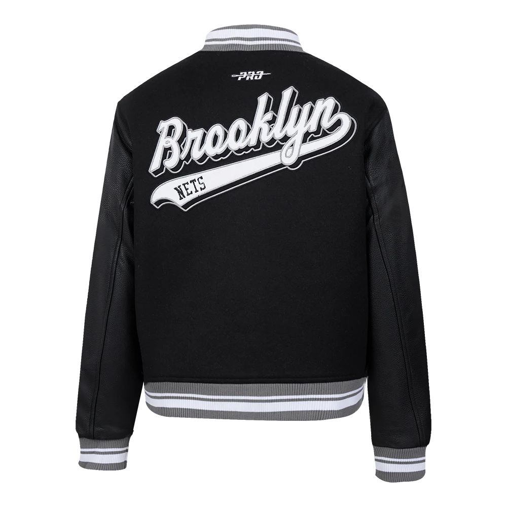 NBA BROOKLYN NETS SCRIPT TAIL WOMEN'S WOOL VARSITY JACKET (BLACK/GRAY) - Image 4