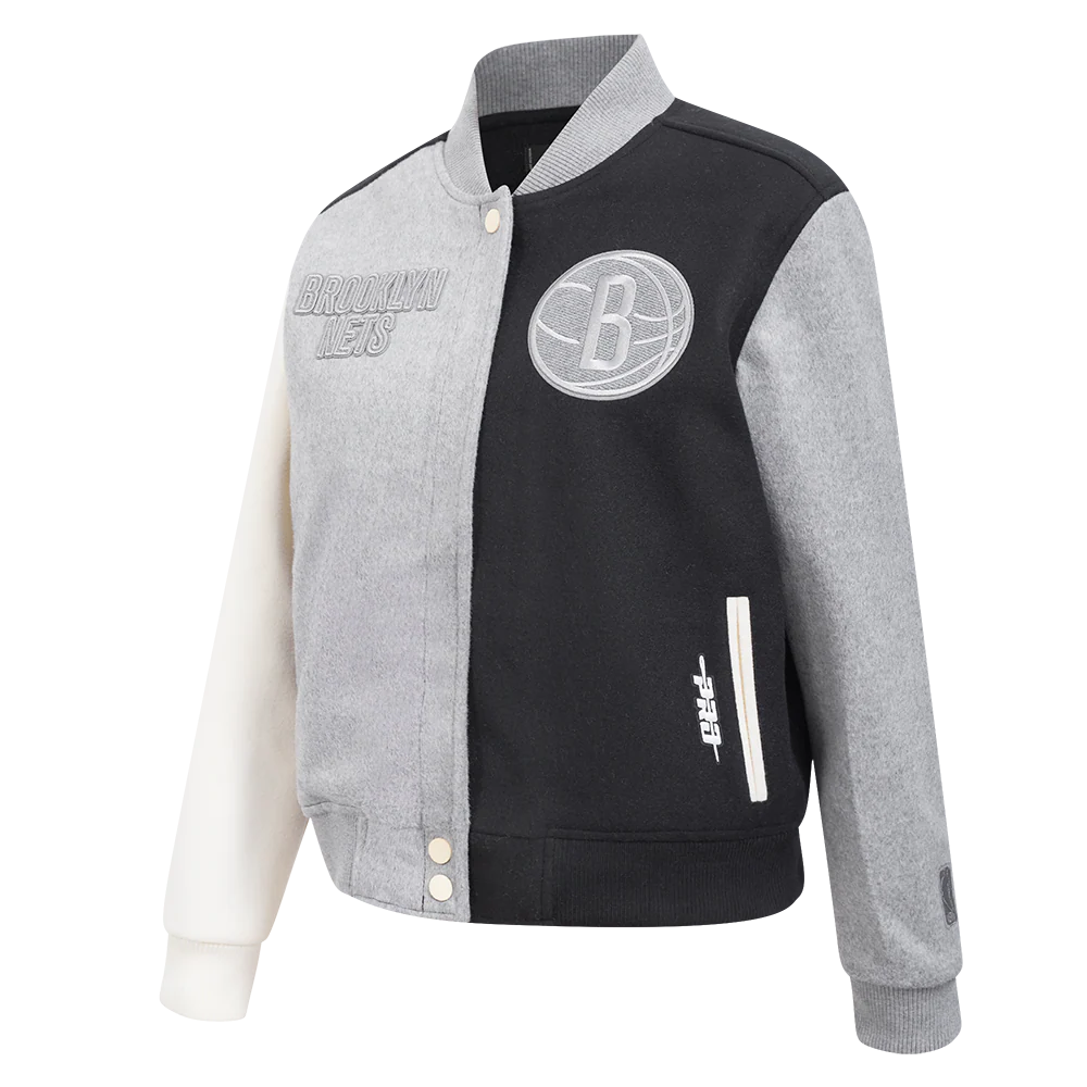 NBA BROOKLYN NETS REVERSE FRENCH TERRY WOMEN'S WOOL VARSITY JACKET (BLACK/GRAY/EGGSHELL) - Image 2