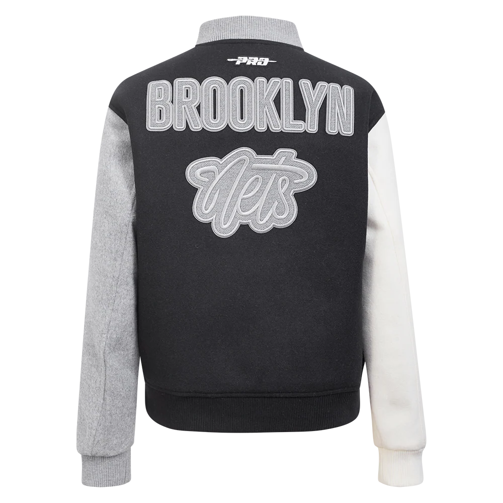 NBA BROOKLYN NETS REVERSE FRENCH TERRY WOMEN'S WOOL VARSITY JACKET (BLACK/GRAY/EGGSHELL) - Image 3